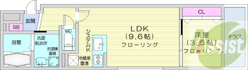 1LDK、都市ガス、エアコン、システムキッチン、