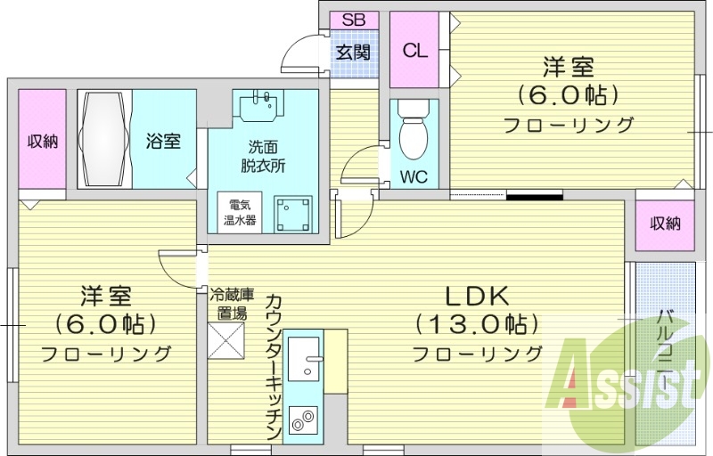 2LDK、エアコン、バルコニー、ネット無料