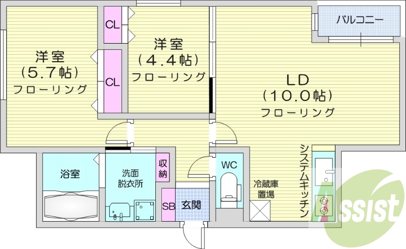 2LDK、都市ガス、エアコン、ネット無料、独立洗面台