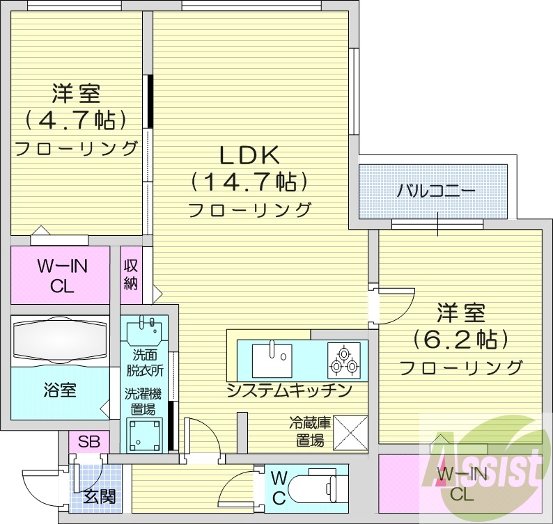 2LDK、都市ガス、衣類乾燥機、追い焚き、システムキッチン
