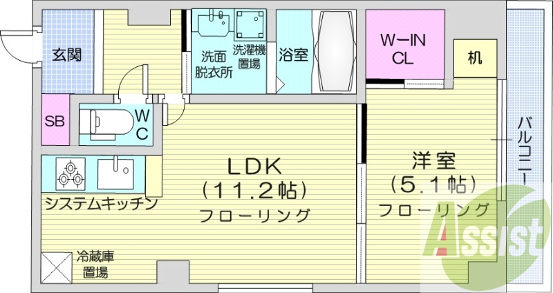 1LDK、ウォークインクローゼット、洗面脱衣所