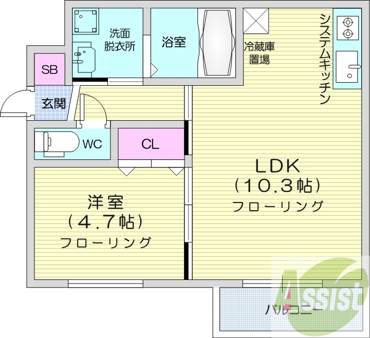 1LDK、都市ガス、エアコン、システムキッチン