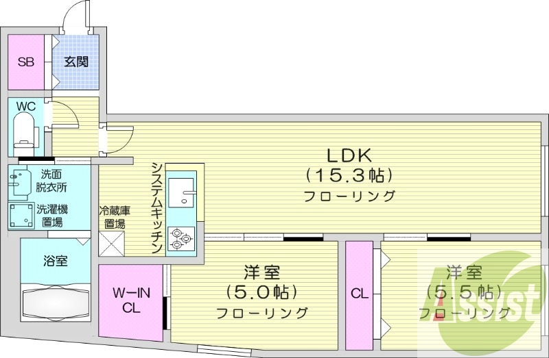 2LDK、都市ガス、エアコン、システムキッチン