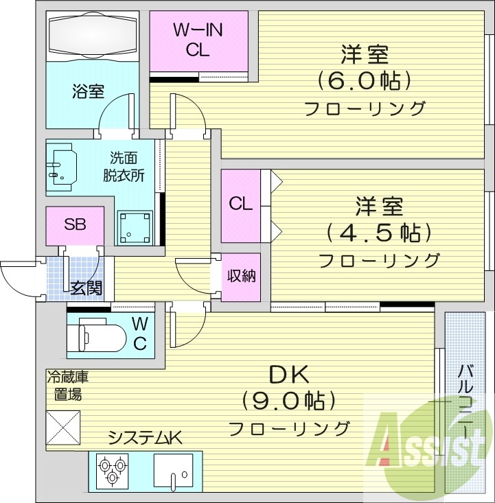 2DK、エアコン、追い焚き、浴室乾燥機、システムキッチン
