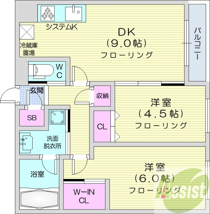2DK、エアコン、追い焚き、浴室乾燥機、システムキッチン