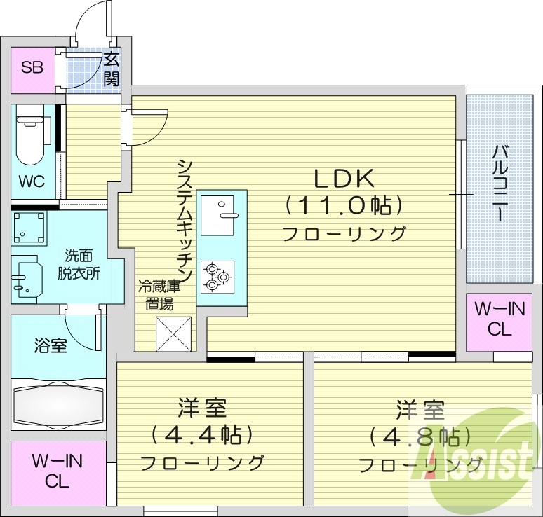 2LDK、エアコン、追い焚き、浴室乾燥機、システムキッチン