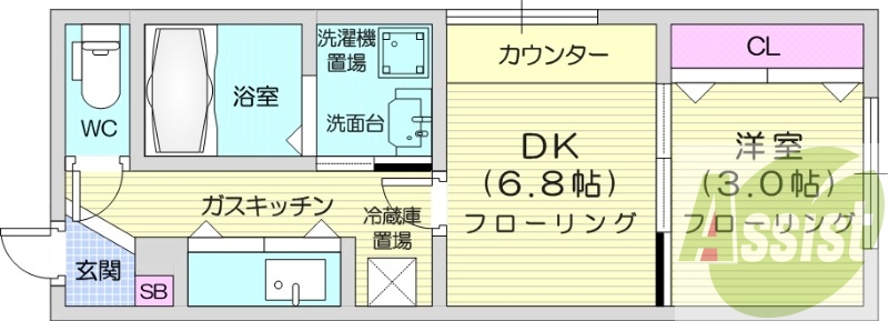 １DK、エアコン、シャワートイレ、ネット使用料不要
