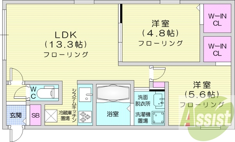 2LDK、システムキッチン、浴室乾燥機、エアコン