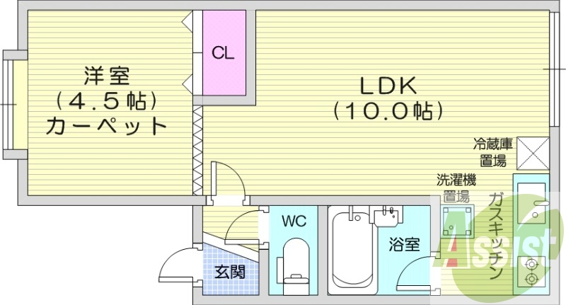1LDK、シャワートイレ、バストイレ別、ガスキッチン