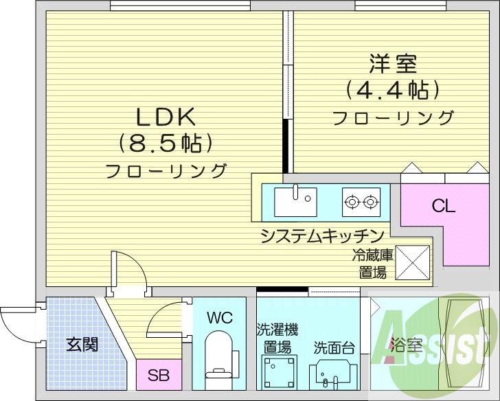 1LDK、エアコン、独立洗面台、システムキッチン、浴室乾燥機