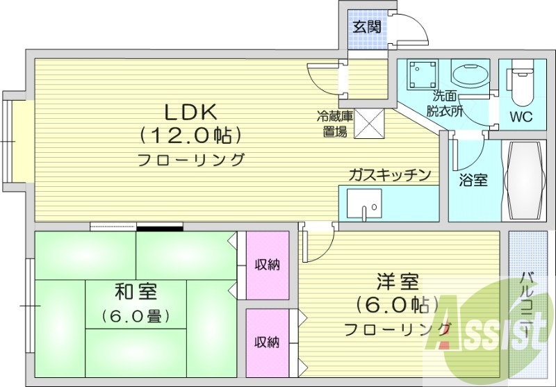 2LDK、独立洗面台、バストイレ別、室内洗濯機置場
