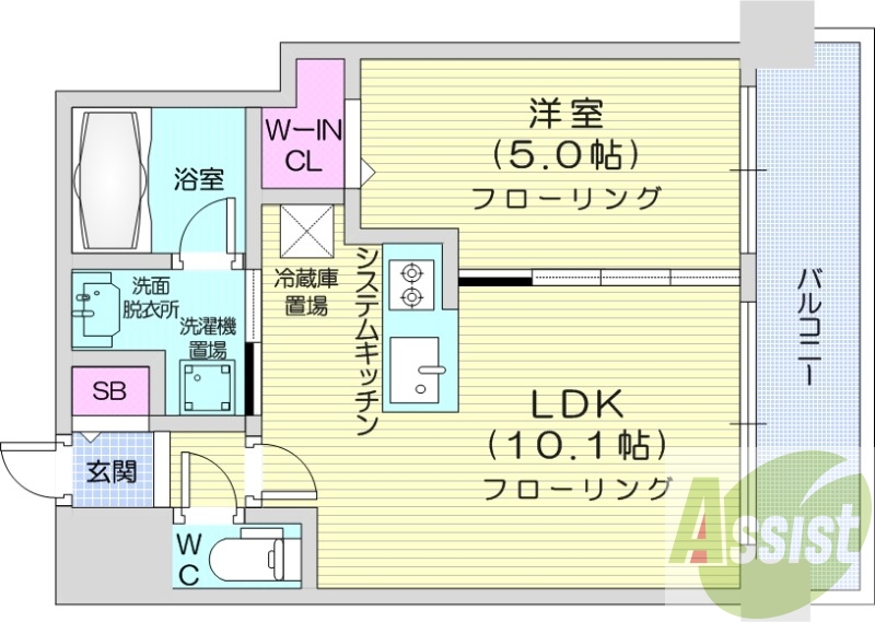 1LDK、都市ガス、エアコン、システムキッチン