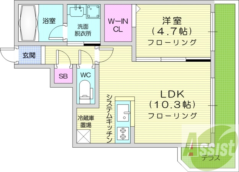 1LDK、都市ガス、エアコン、ネット無料、システムキッチン
