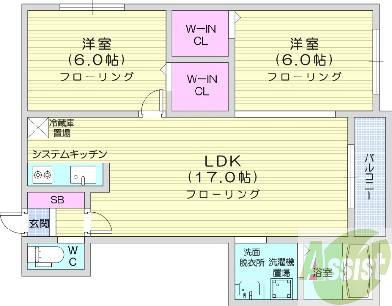 2LDK、1坪バス、追い焚き、トランクルーム