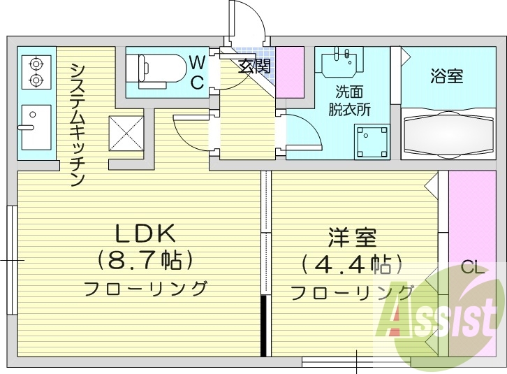 1LDK、ネット無料、エアコン、システムキッチン