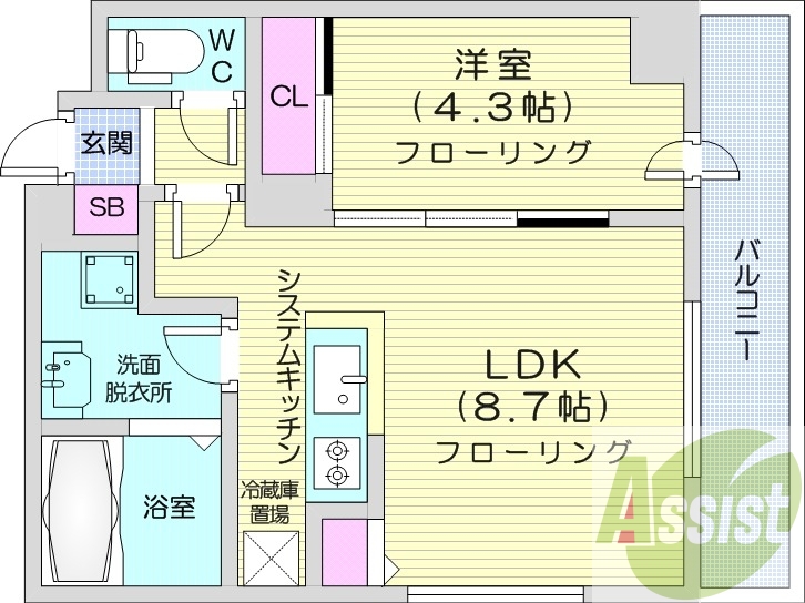 1LDK、都市ガス、エアコン、浴室乾燥機、ネット無料