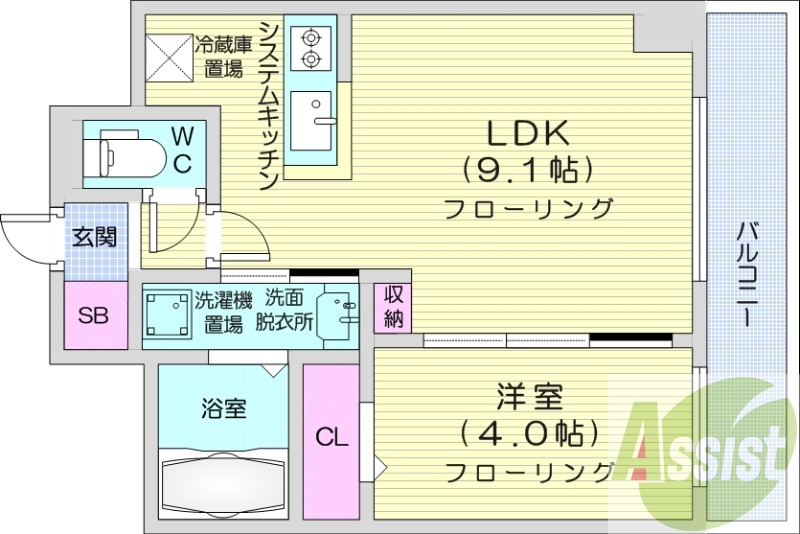 1LDK、都市ガス、エアコン、浴室乾燥機、ネット無料