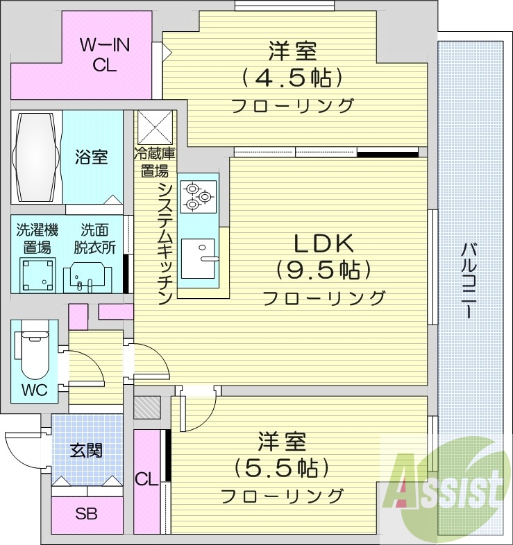 2LDK、都市ガス、エアコン、浴室乾燥機、ネット無料