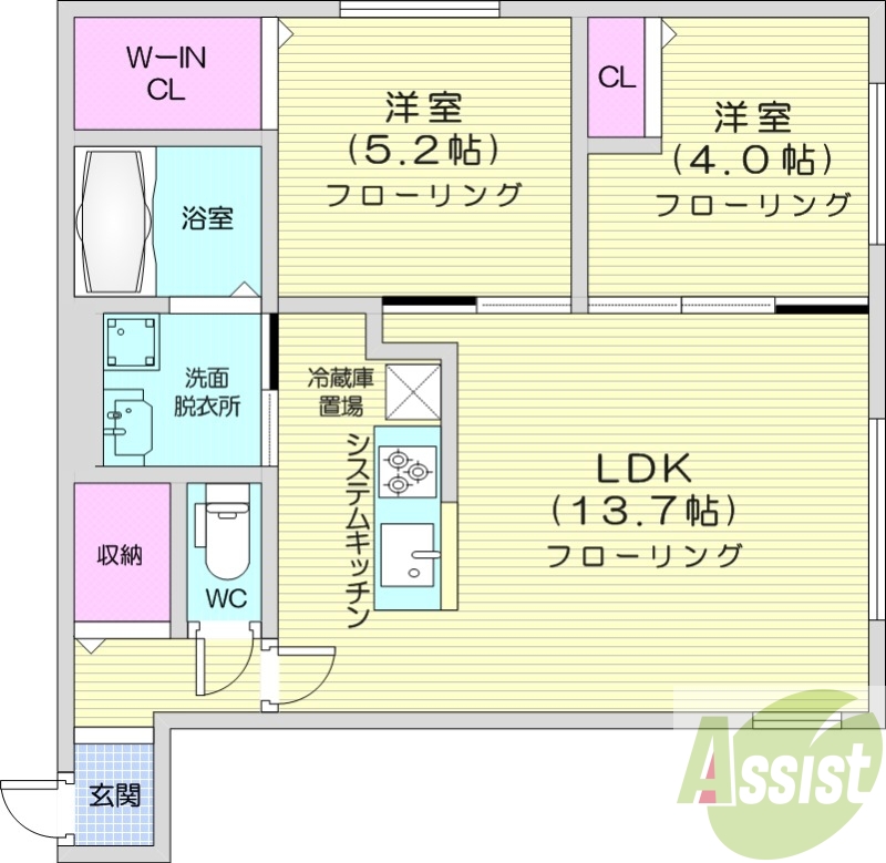 2LDK、都市ガス、エアコン、システムキッチン