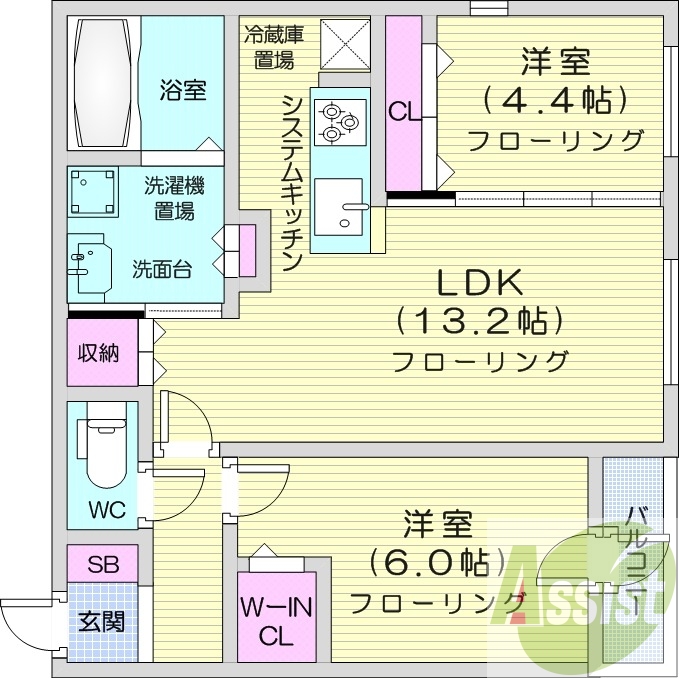 2LDK、都市ガス、食洗器、追い焚き、浴室乾燥機、エアコン