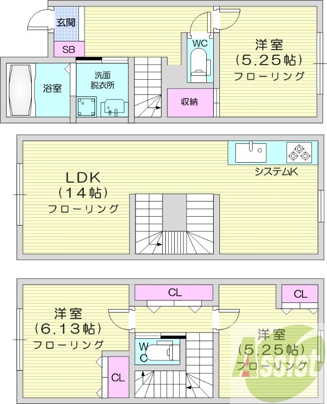 3LDK、1坪バス、エアコン、システムキッチン