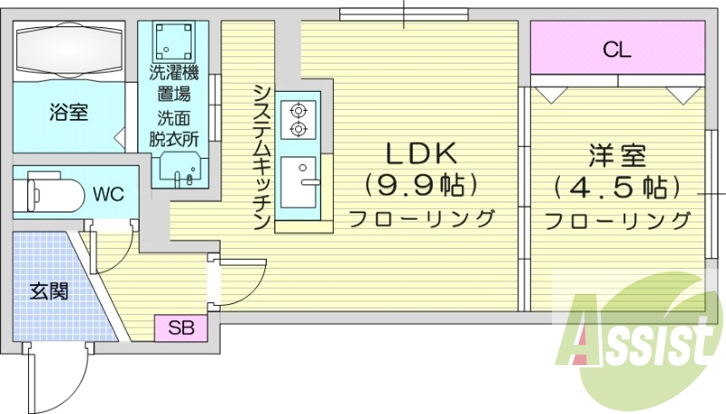 1LDK、システムキッチン、エアコン、都市ガス。