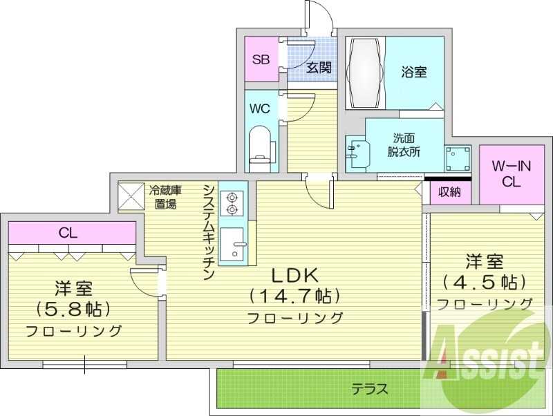 2LDK、システムキッチン、エアコン、宅配ボックス