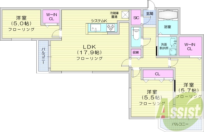 3LDK、システムキッチン、エアコン、宅配ボックス