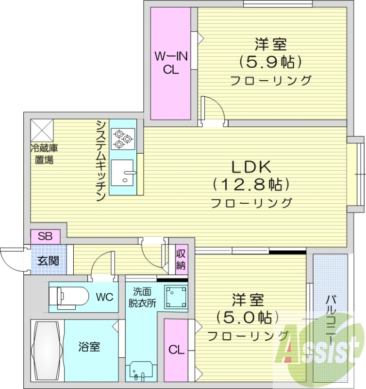 2LDK、都市ガス、浴室乾燥機、エアコン、システムキッチン