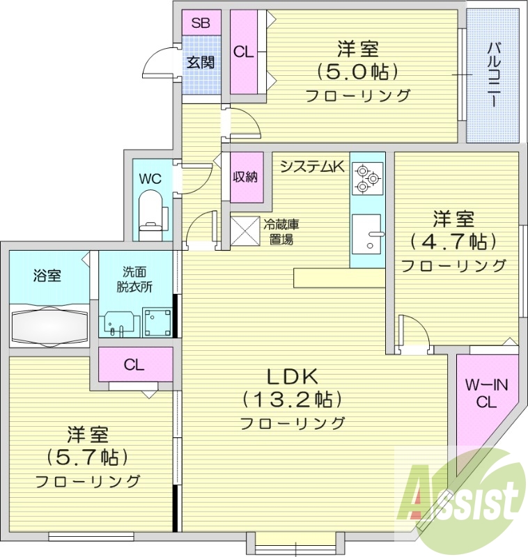 3LDK、都市ガス、浴室乾燥機、エアコン、システムキッチン