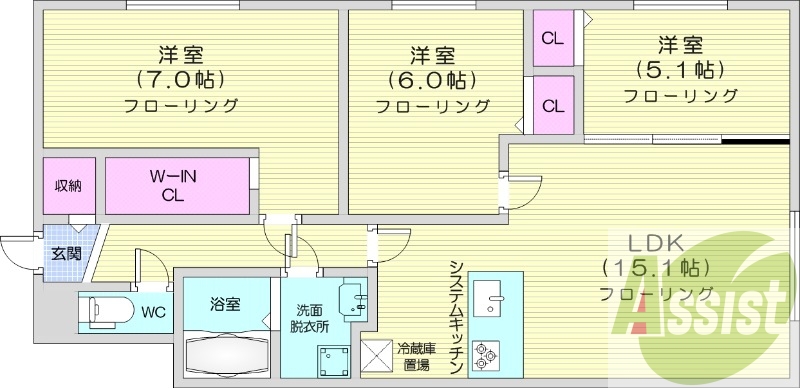 3LDK、都市ガス、エアコン、システムキッチン、追い焚き