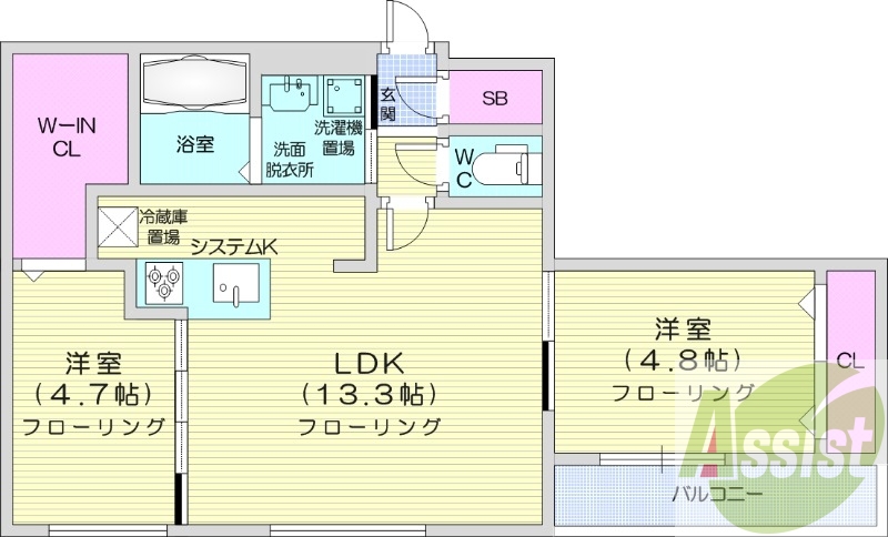 2LDK、都市ガス、エアコン、ガス暖房、ネット無料