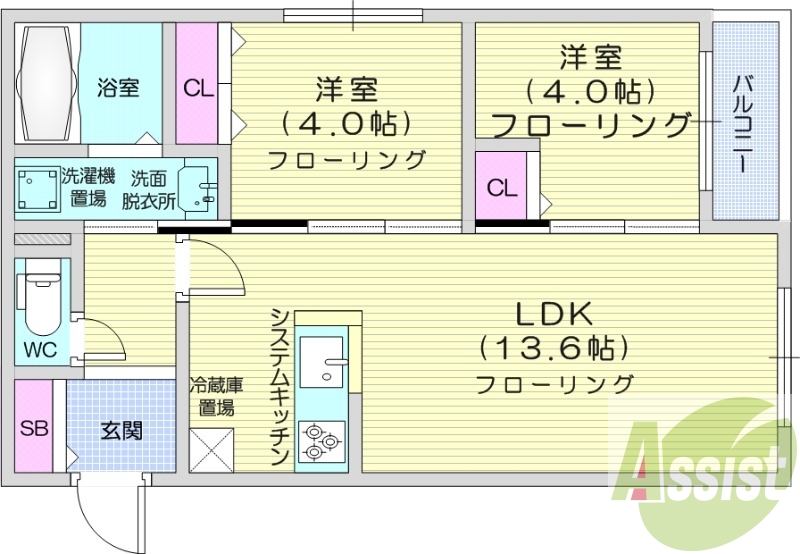 2LDK、都市ガス、エアコン、追い焚き、ネット無料
