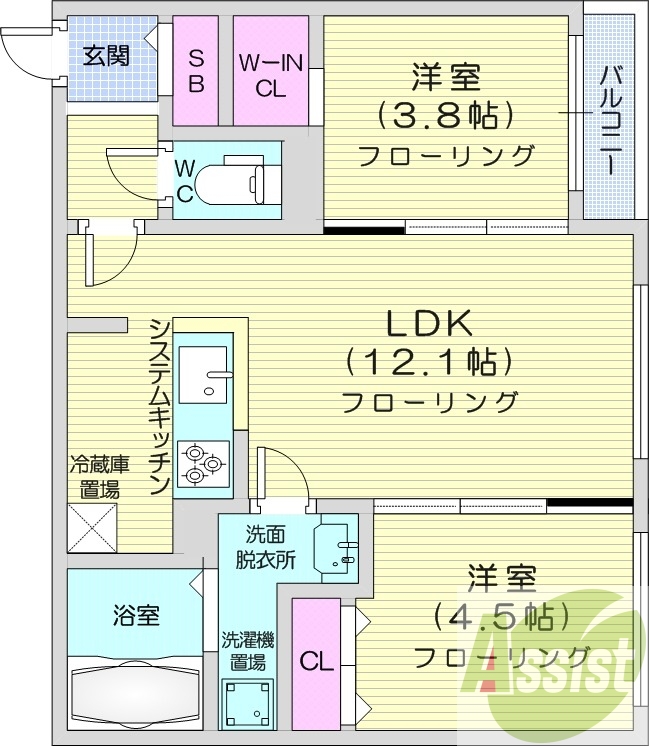 2LDK、都市ガス、エアコン、ガス暖房、ネット無料