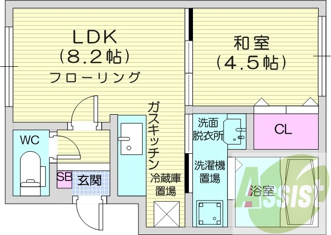 1LDK、都市ガス、エアコン、ネット無料、オートロック