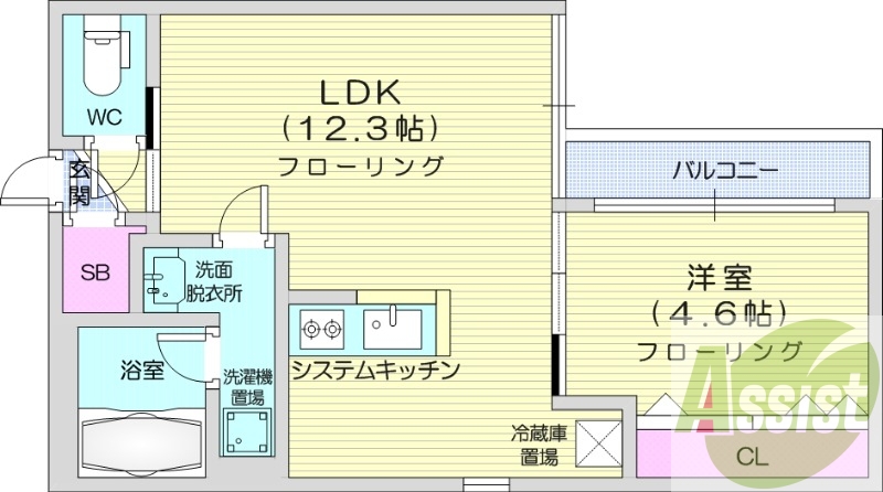 1LDK、エアコン、ネット無料、システムキッチン