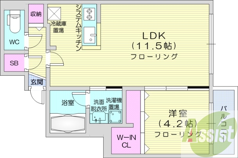1LDK、エアコン、ネット無料、システムキッチン
