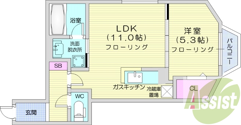 1LDK、エアコン、オートロック、バルコニー