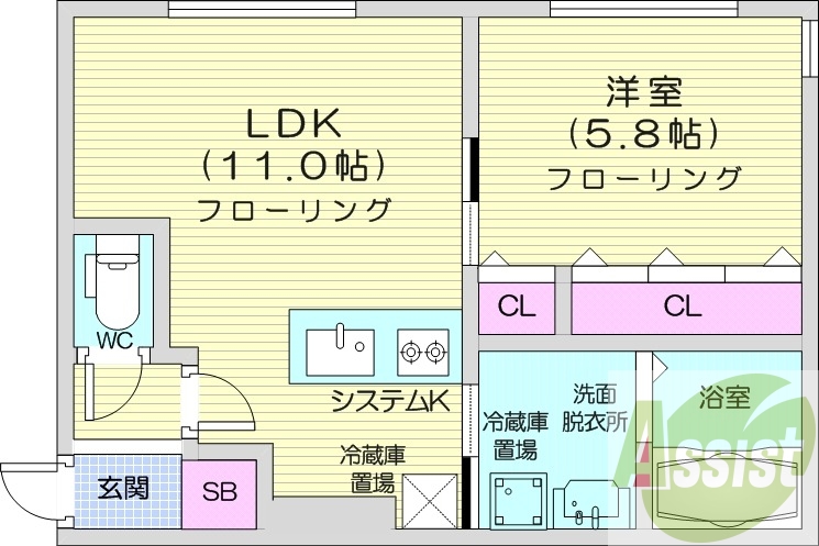 1LDK、都市ガス、エアコン、システムキッチン