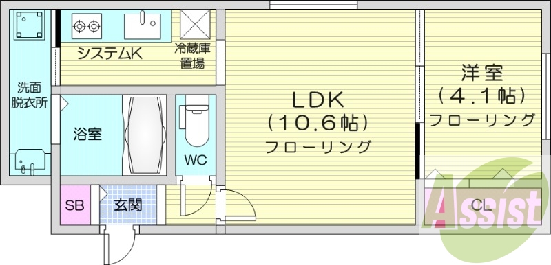 1LDK、エアコン、システムキッチン、浴室乾燥機