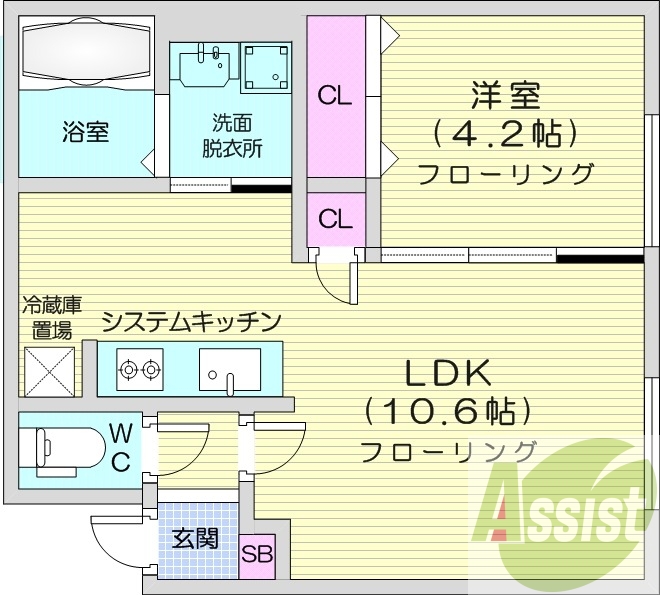 1LDK、エアコン、灯油暖房、システムキッチン