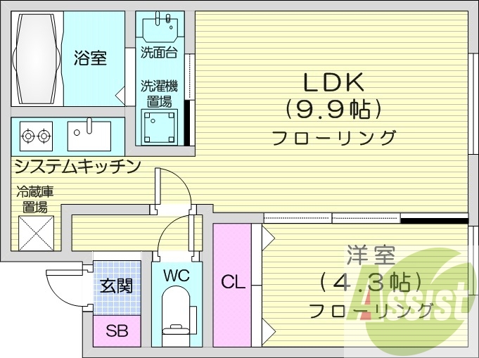 1LDK、エアコン、灯油暖房、システムキッチン