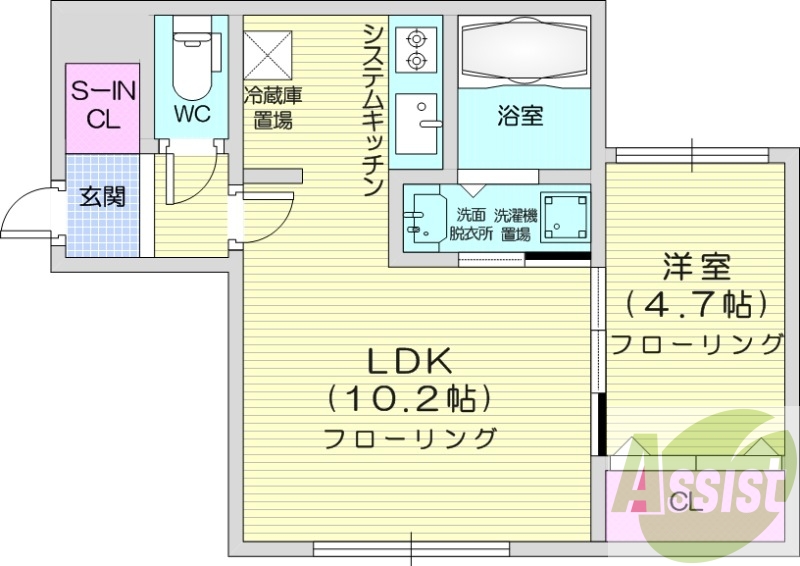 1LDK、エアコン、独立洗面台、システムキッチン、
