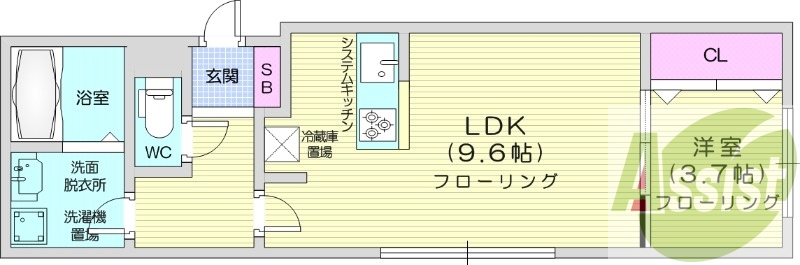 1LDK、エアコン、独立洗面台、システムキッチン、
