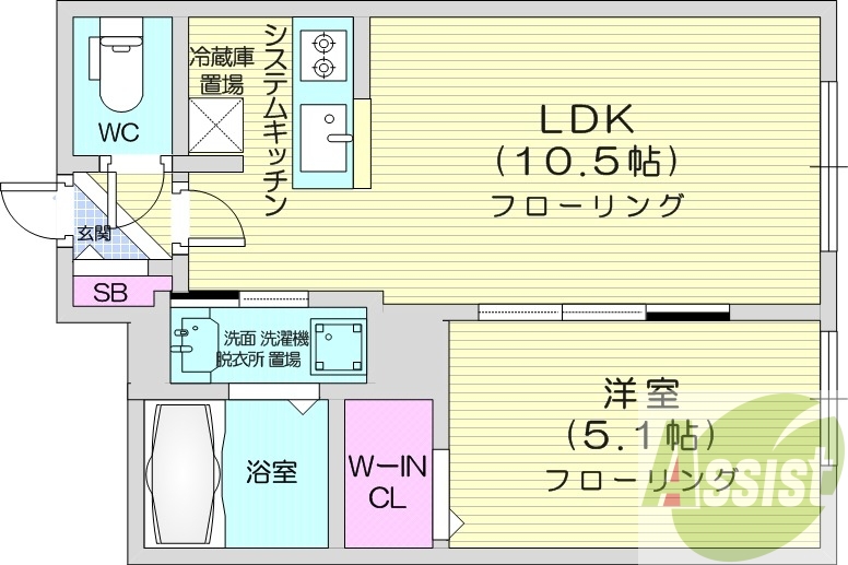 1LDK、エアコン、独立洗面台、システムキッチン、