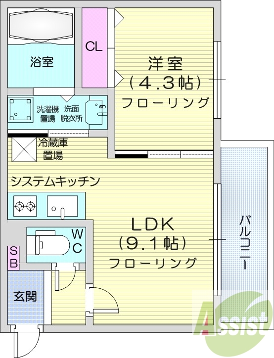 1LDK、都市ガス、エアコン、システムキッチン