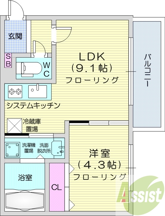 1LDK、都市ガス、エアコン、システムキッチン