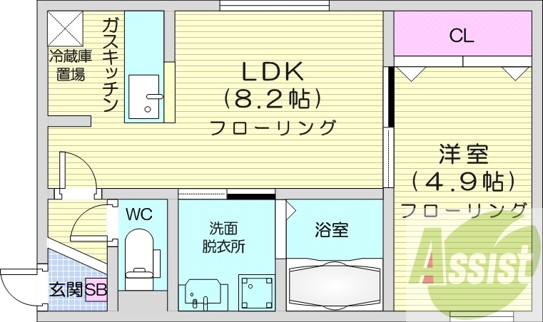 1LDK、都市ガス、エアコン、浴室乾燥機、ネット無料