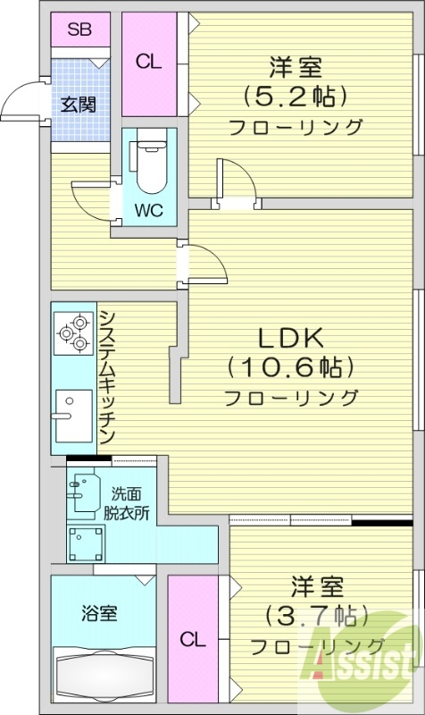 2LDK、都市ガス、エアコン、システムキッチン、浴室乾燥機