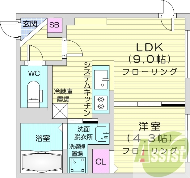 1LDK、都市ガス、エアコン、独立洗面台、システムキッチン